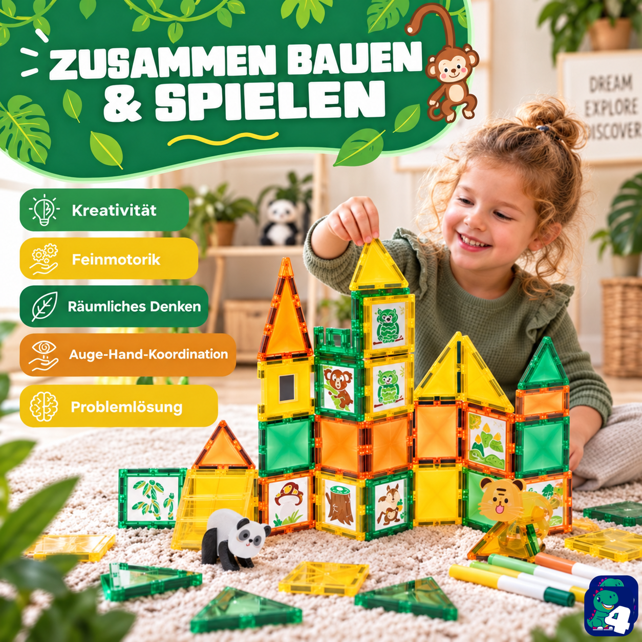 Eltern und Kind bauen gemeinsam mit den magnetischen Bausteinen Dschungelreise