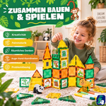 Eltern und Kind bauen gemeinsam mit den magnetischen Bausteinen Dschungelreise