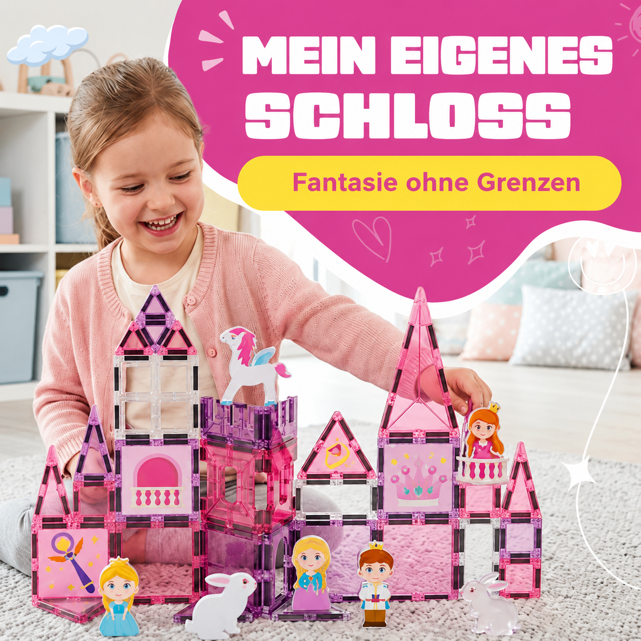 Kind baut ein Prinzessinnenschloss mit den magnetischen Bausteinen Prinzessinnenparadies