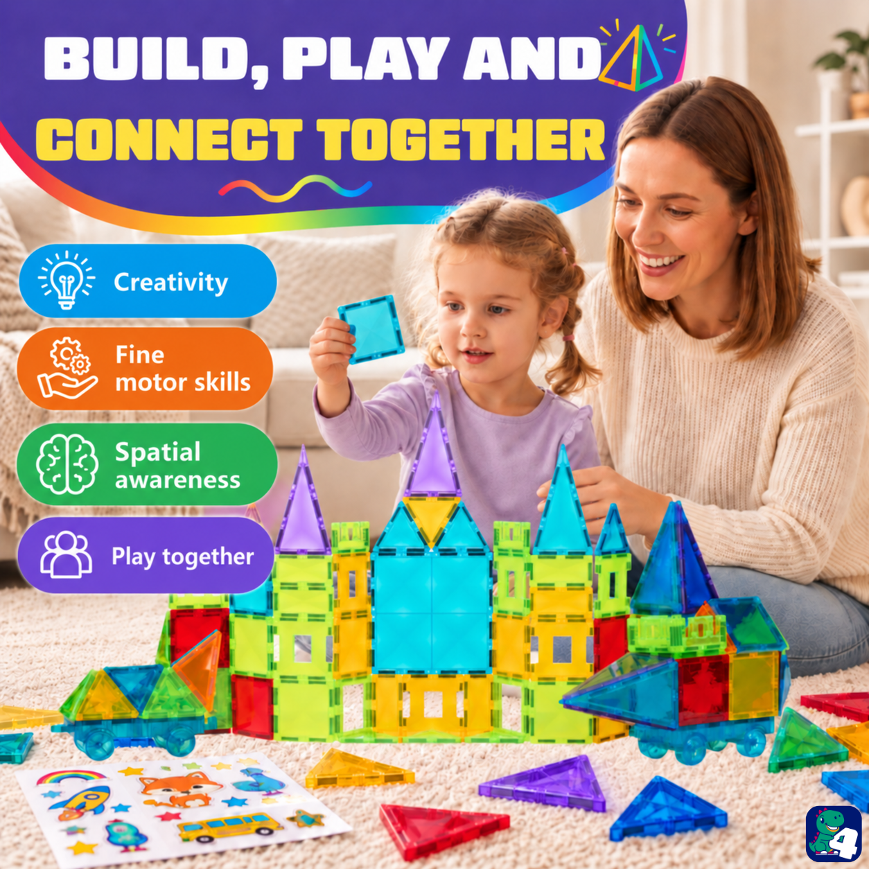 Elternteil und Kind bauen gemeinsam mit Magnetic Tiles Kaleidoscopic Creations