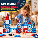 Kind baut eine Weltraumbasis mit Magnetic Tiles Mission to Mars