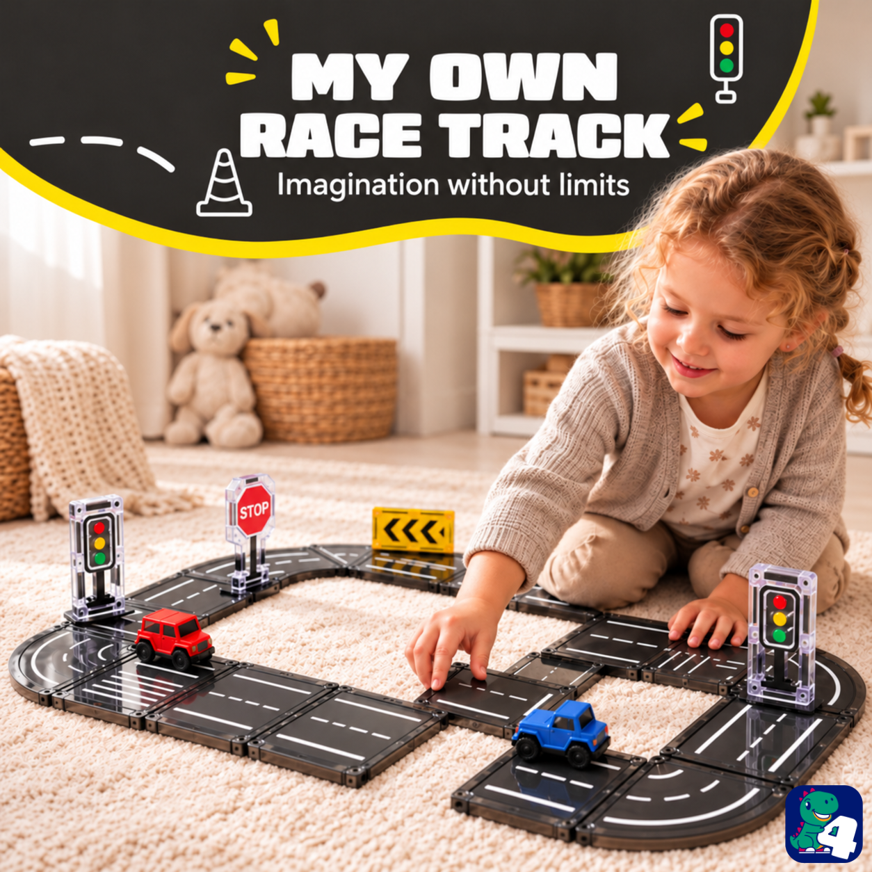 Kind baut eine Rennstrecke mit Magnetic Tiles Road Trip Rally