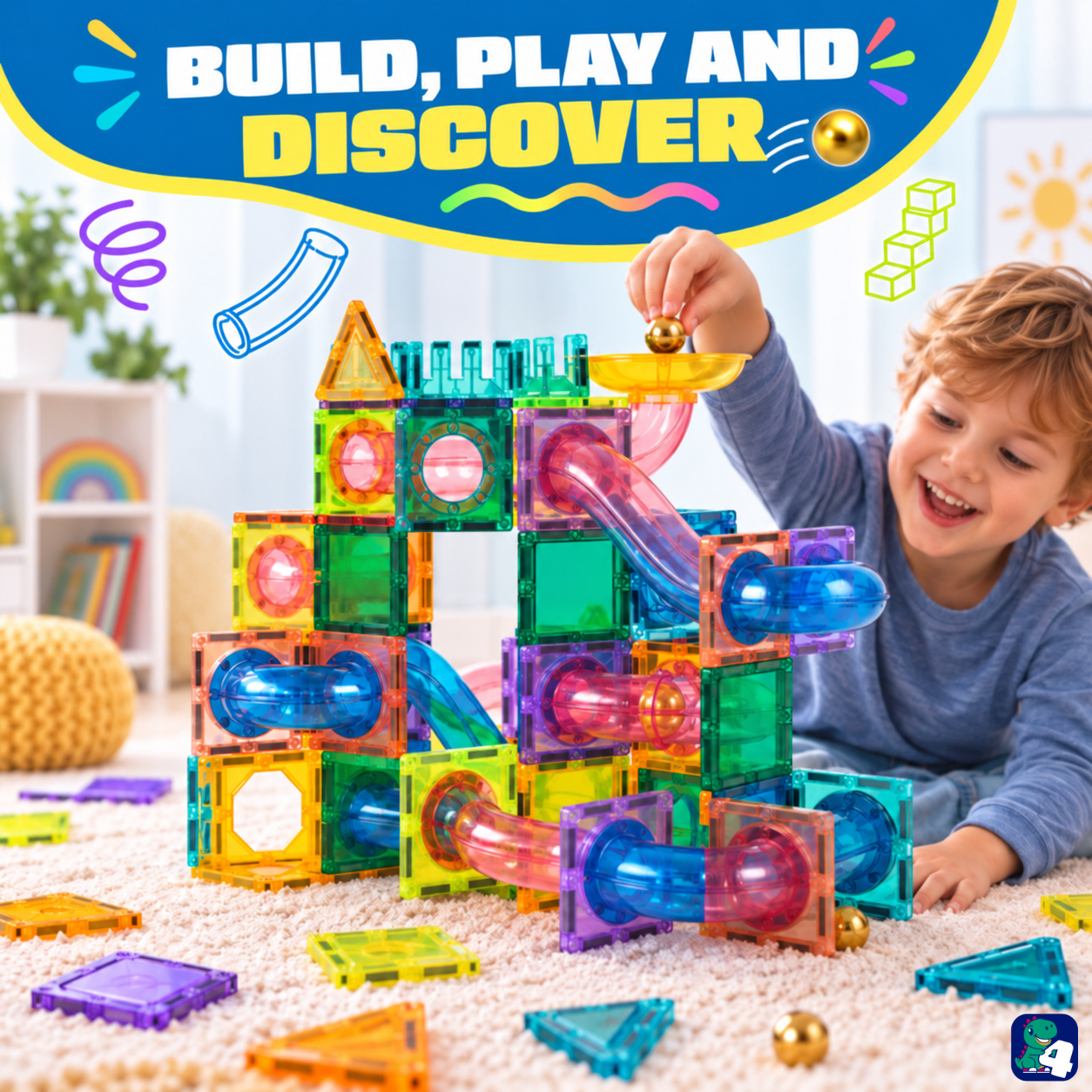 Kind baut eine Kugelbahn mit Magnetic Tiles Marble Adventure