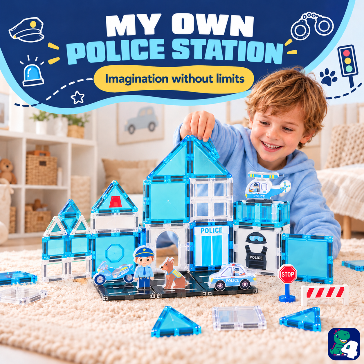 Kind baut eine Polizeistation mit Magnetic Tiles Police Patrol HQ
