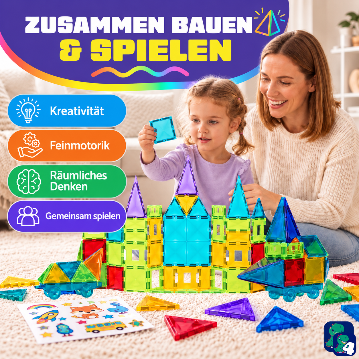 Eltern und Kind bauen gemeinsam mit den magnetischen Bausteinen Kaleidoskopische Kreationen