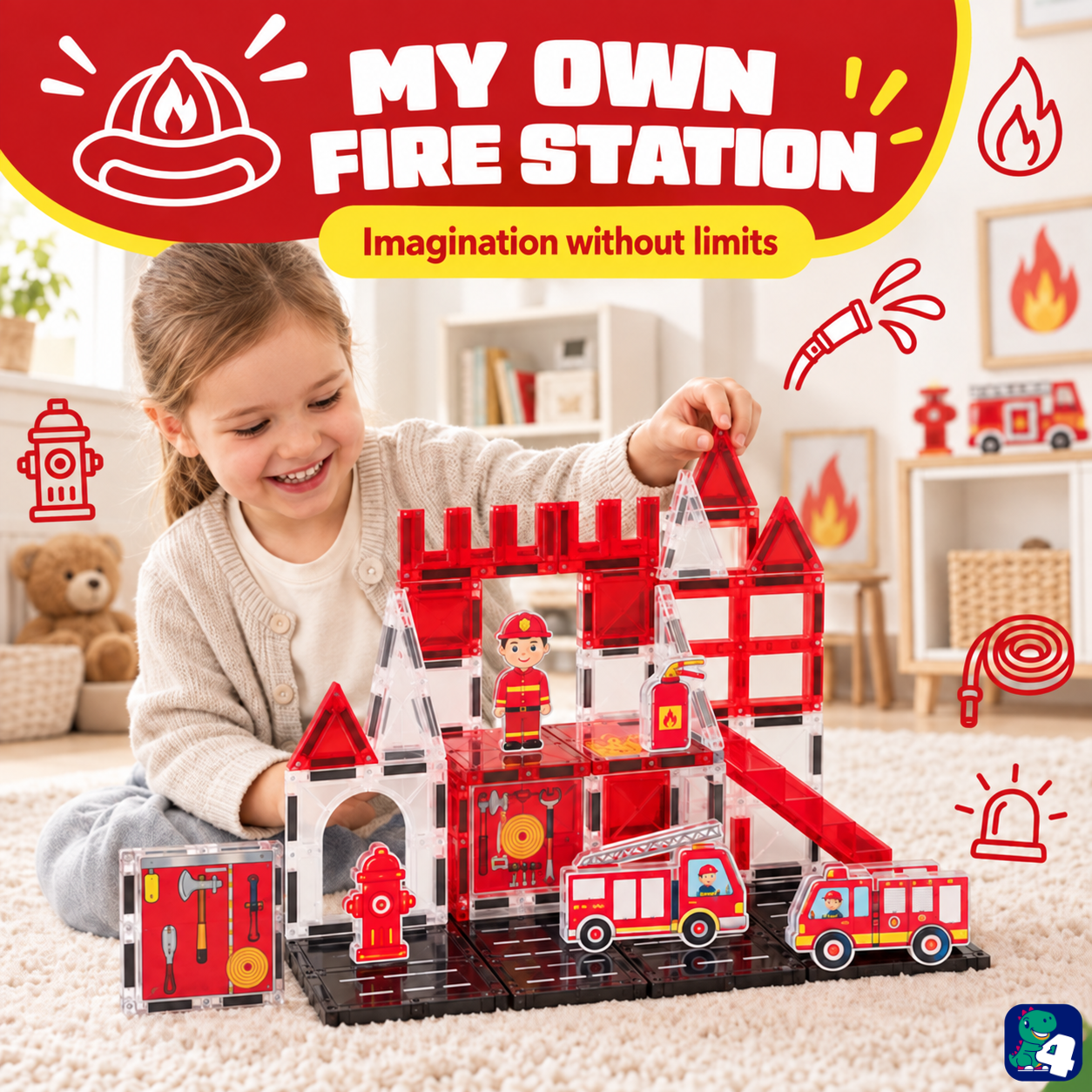 Kind baut eine Feuerwehrstation mit Magnetic Tiles Fire Fighters