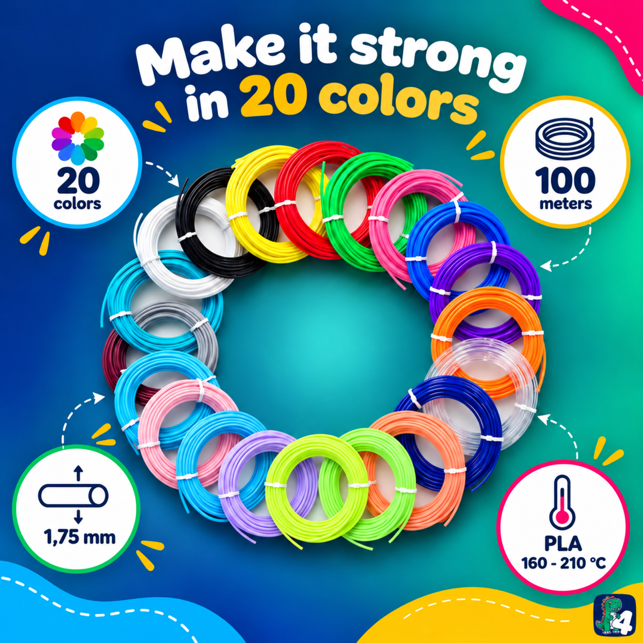 PLA filament for 3D pens: strong results in 20 colours, 100 metres