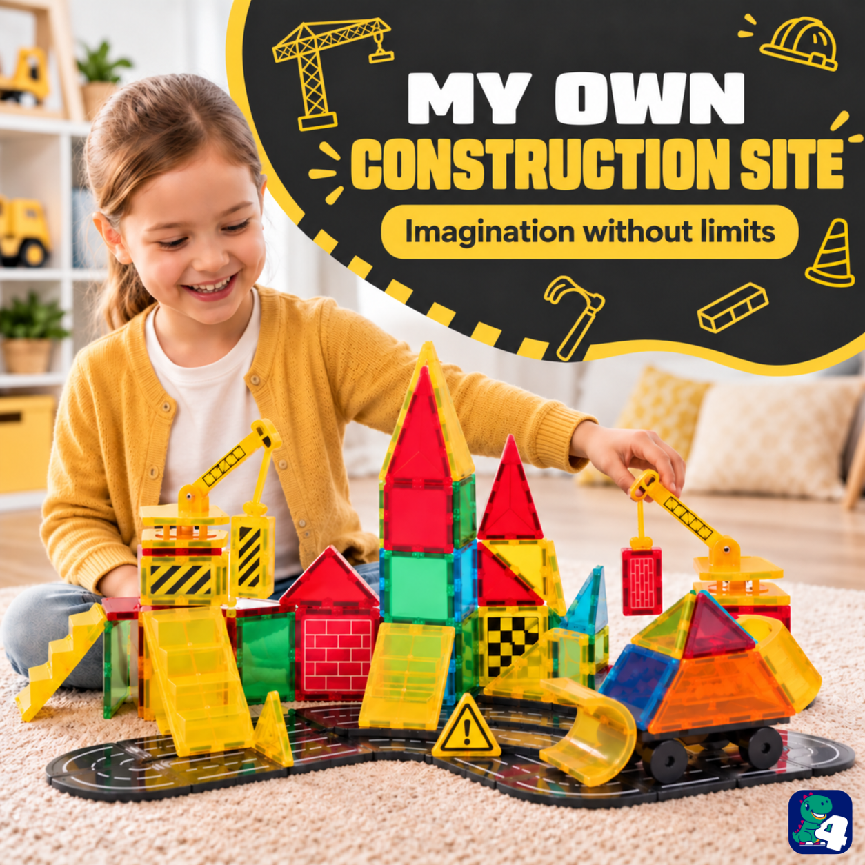 Kind baut eine Baustelle mit Magnetic Tiles Construction Master