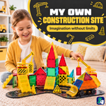 Kind baut eine Baustelle mit Magnetic Tiles Construction Master