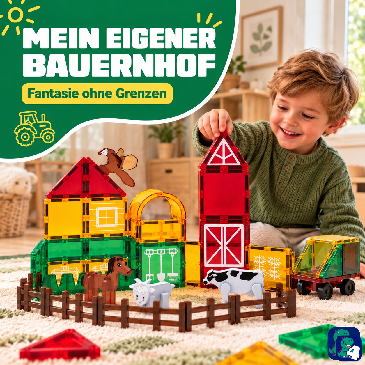Kind baut einen Bauernhof mit den magnetischen Bausteinen Bauernhof-Chaos