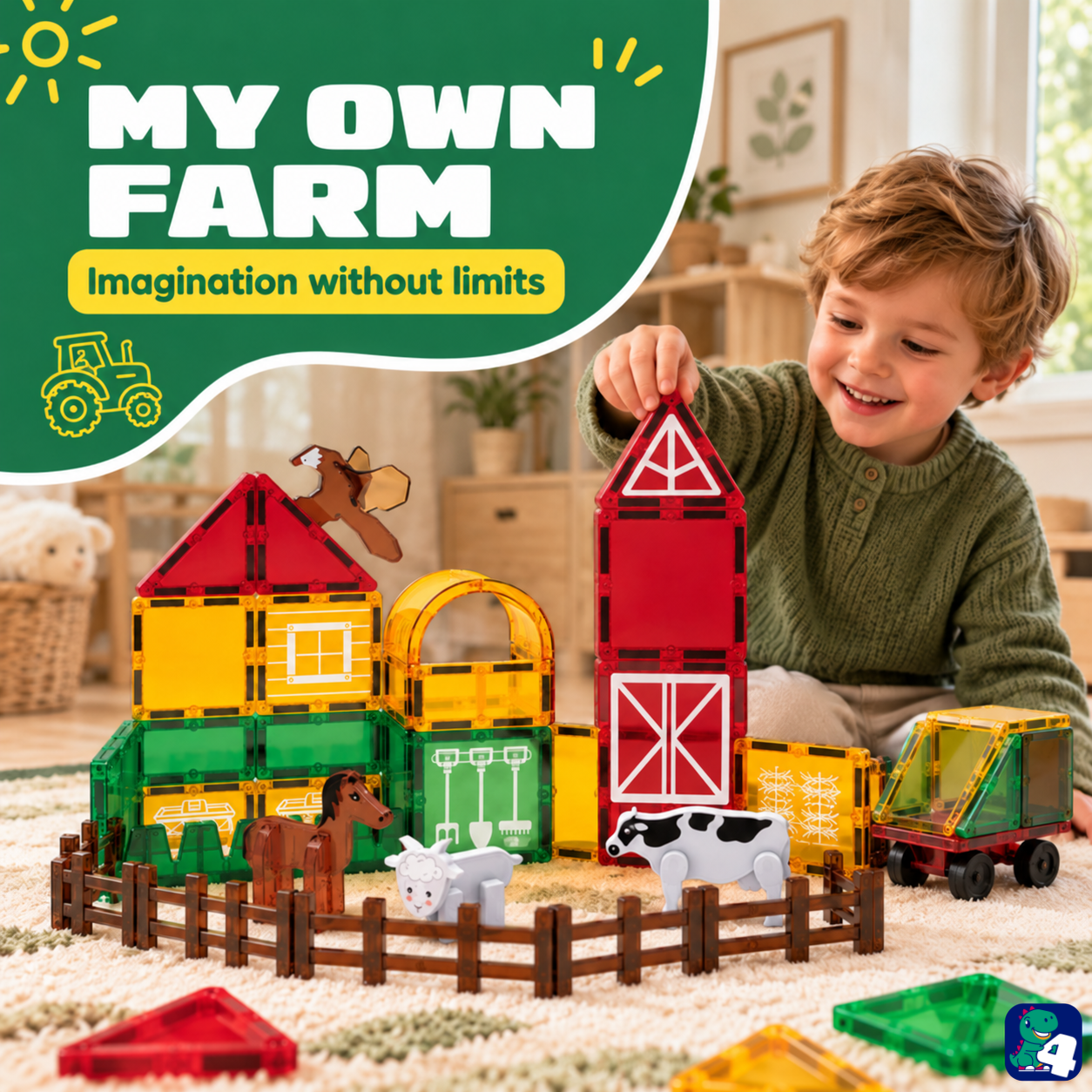 Kind baut einen Bauernhof mit Magnetic Tiles Farmyard Frenzy
