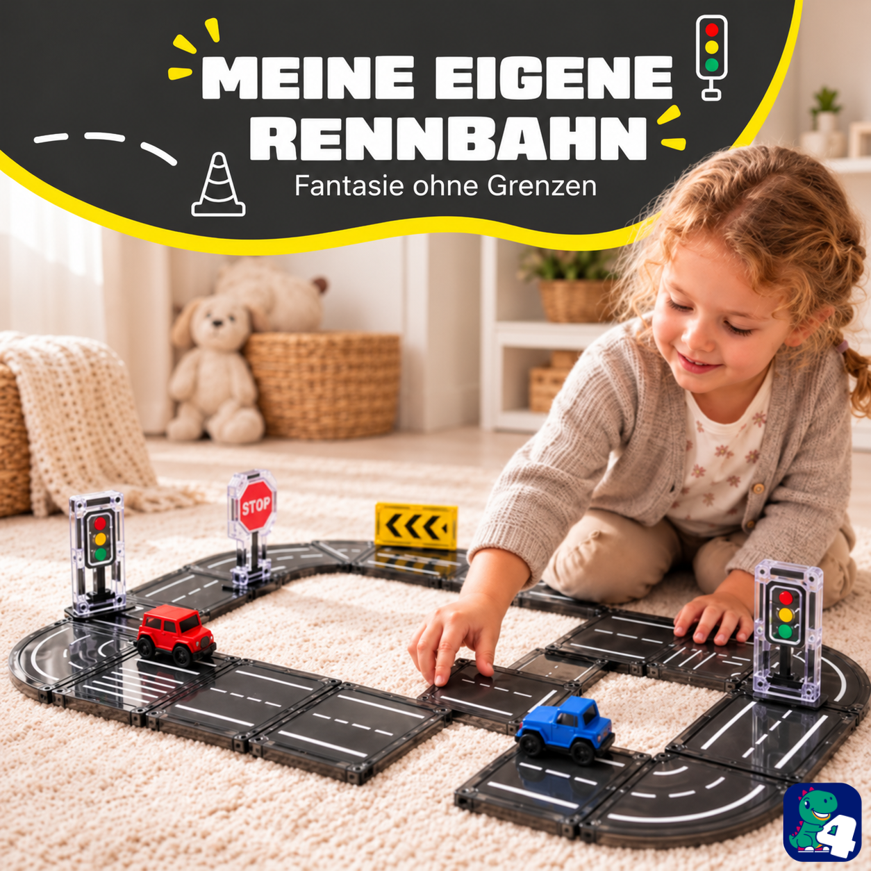 Kind baut eine Rennbahn mit den magnetischen Bausteinen Road Trip Rally