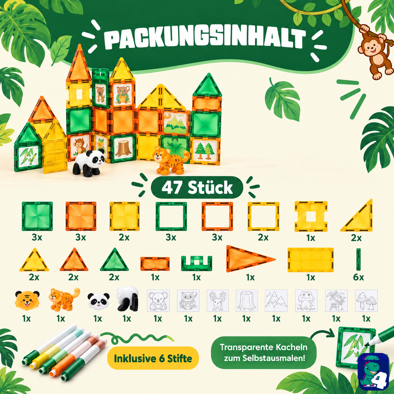 Inhalt der Verpackung: Magnetische Bausteine Dschungelreise, 47 Teile