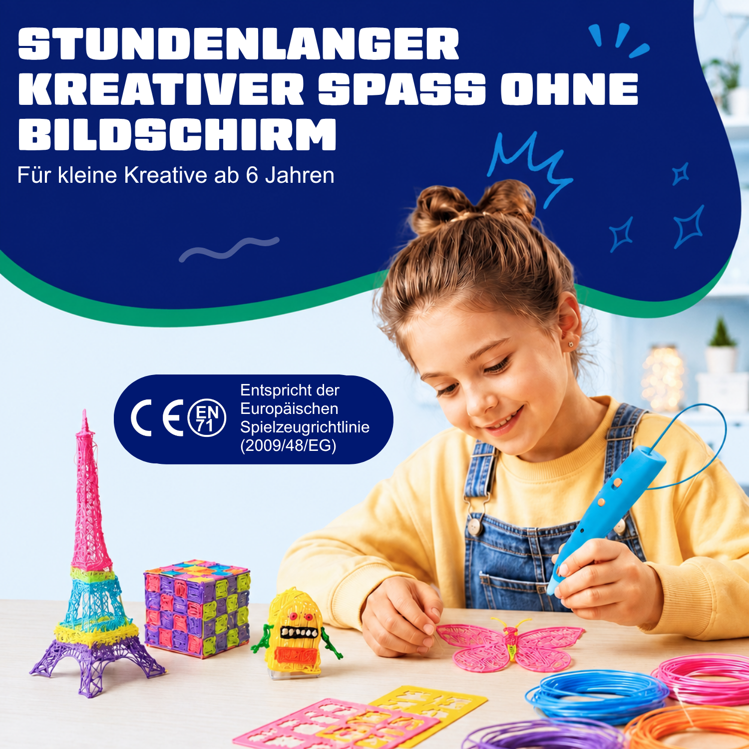 Stundenlanger kreativer Spaß ohne Bildschirm mit dem 3D-Stift Starterset Kabellos (blau)