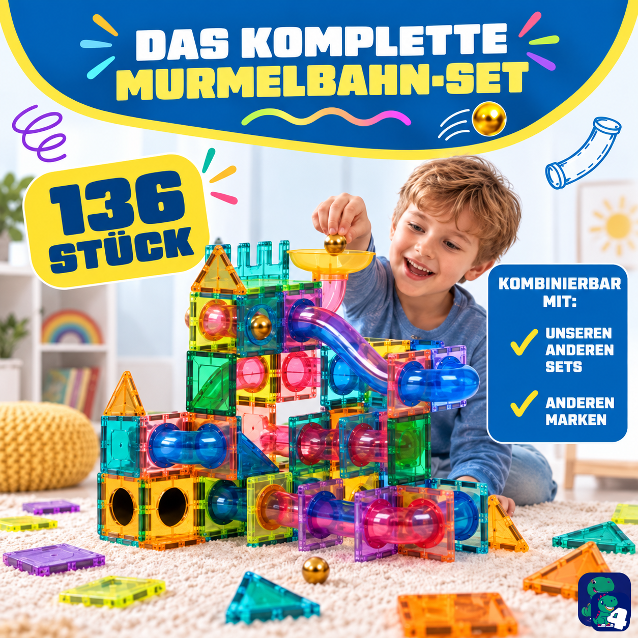 Inhalt der Verpackung: Magnetische Bausteine Marmor-Abenteuerbahn, 136 Teile
