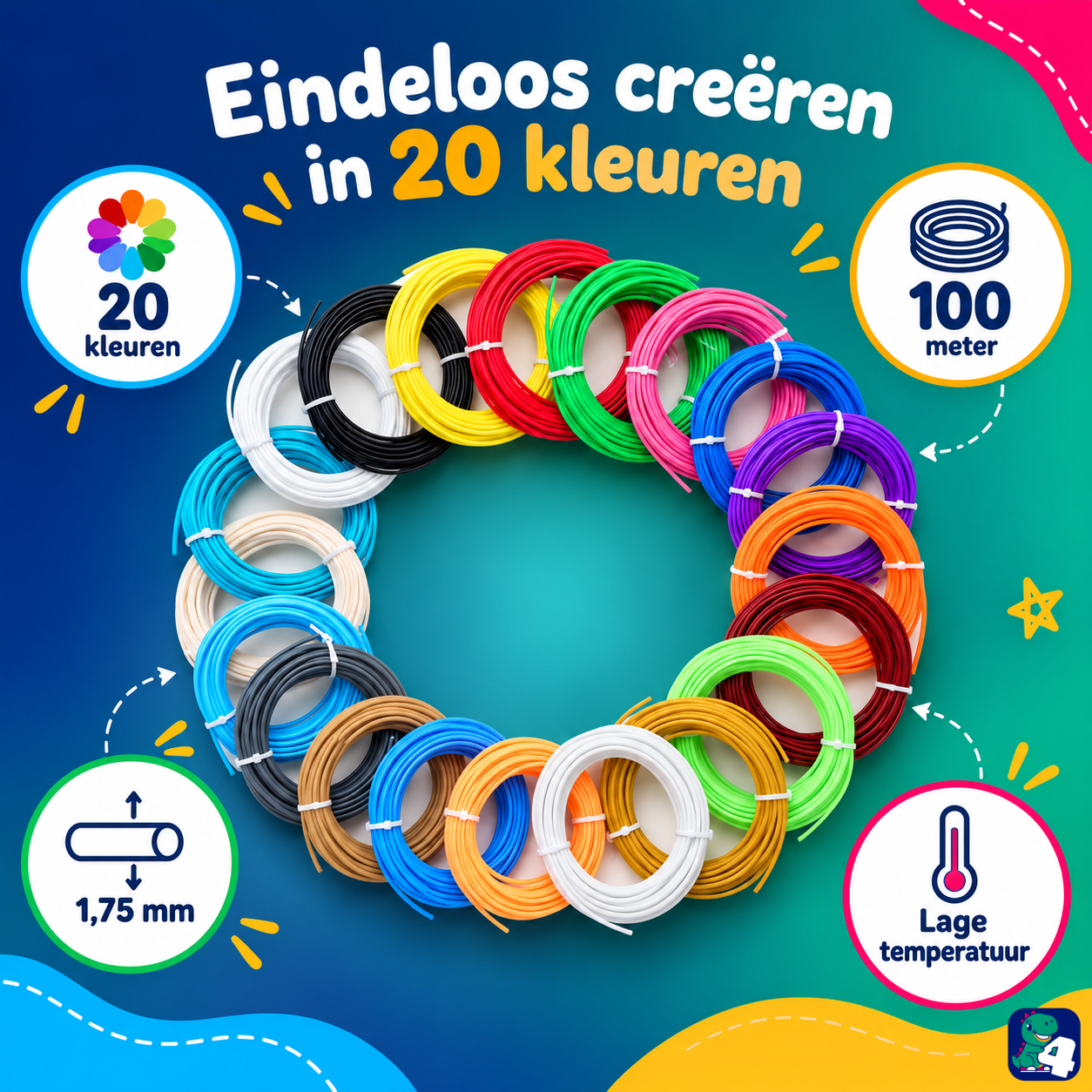 Endloses Gestalten mit 20 Farben PCL-Filament, 100 Meter, 1,75 mm, niedrige Temperatur