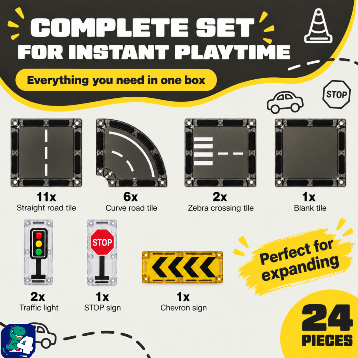 Verpackungsinhalt von Magnetic Tiles Road Trip Rally: 24 Teile