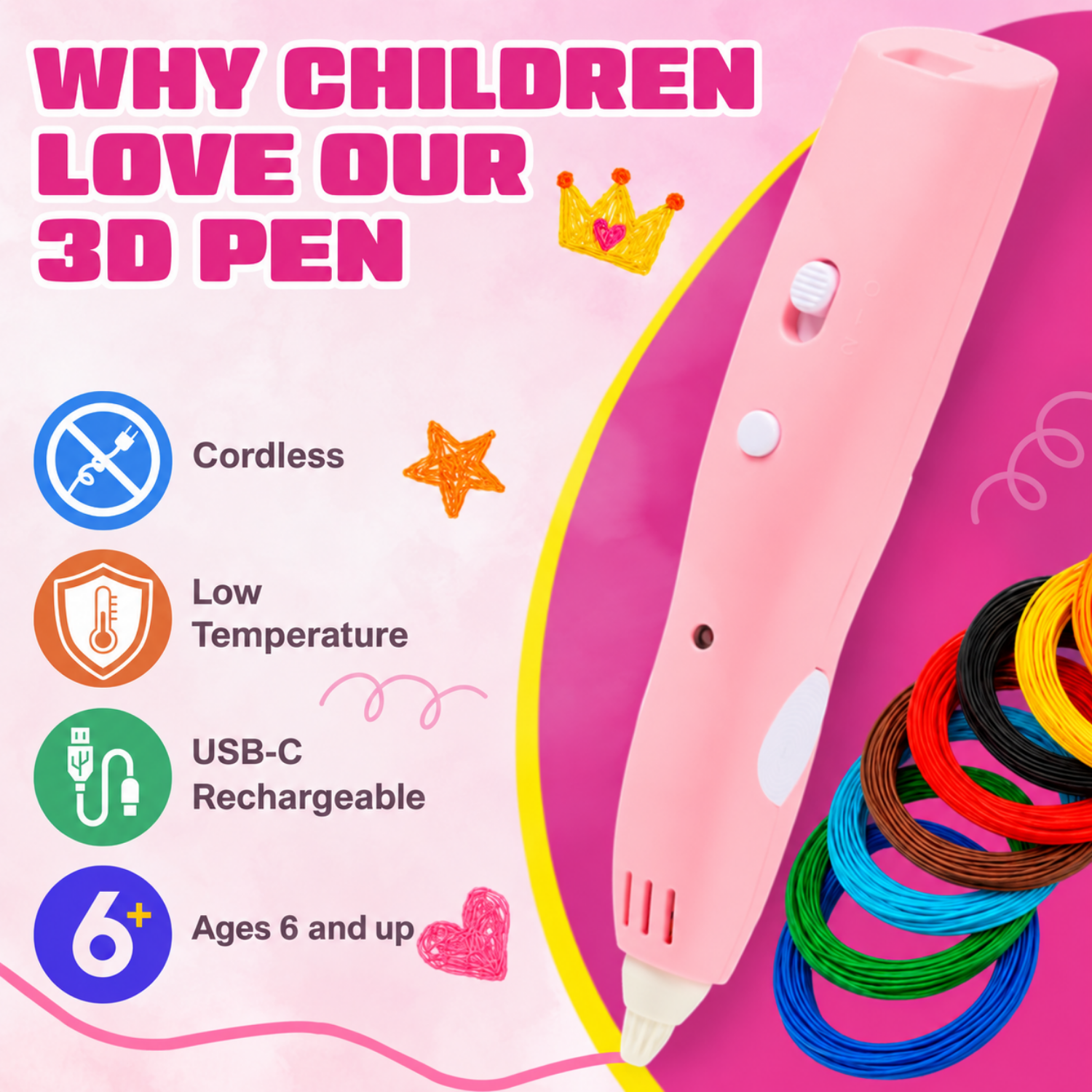 Why kids love the wireless 3D pen (pink): wireless, low temperature, USB-C, from 6 years