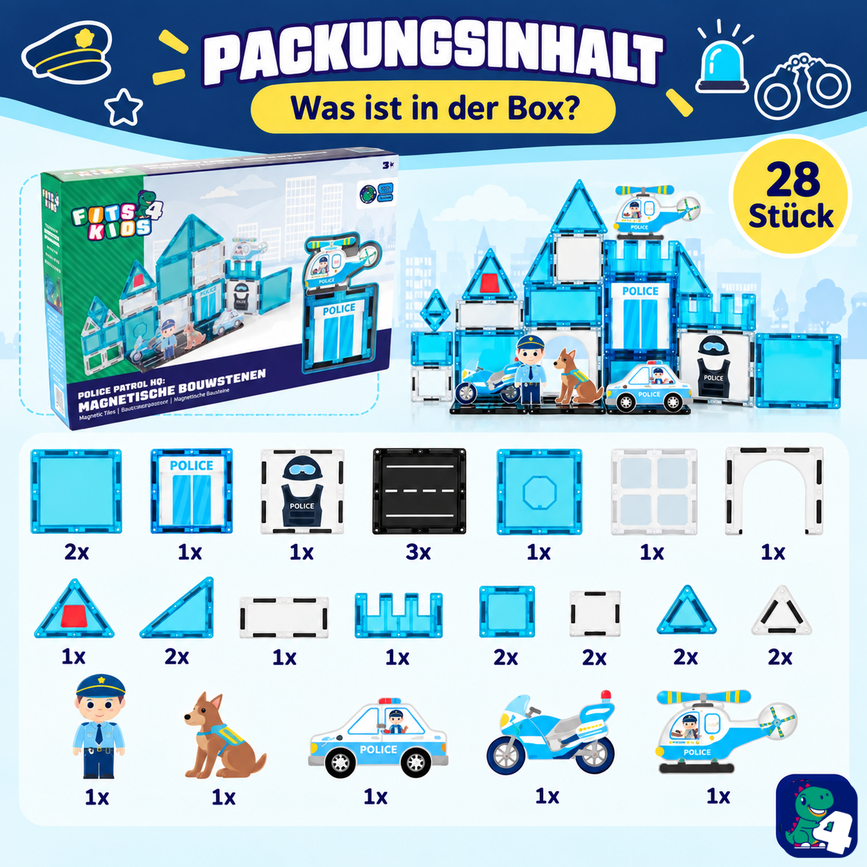 Inhalt der Verpackung: Magnetische Bausteine Polizeipatrouillen-Hauptquartier, 28 Teile