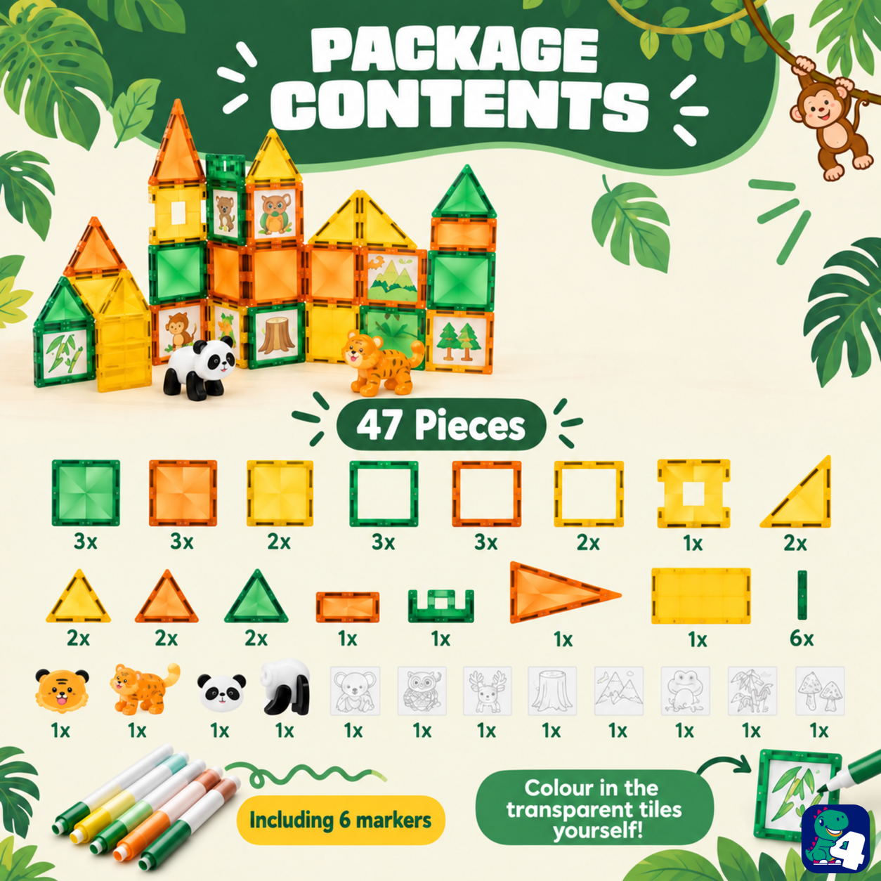 Verpackungsinhalt von Magnetic Tiles Jungle Journey: 47 Teile