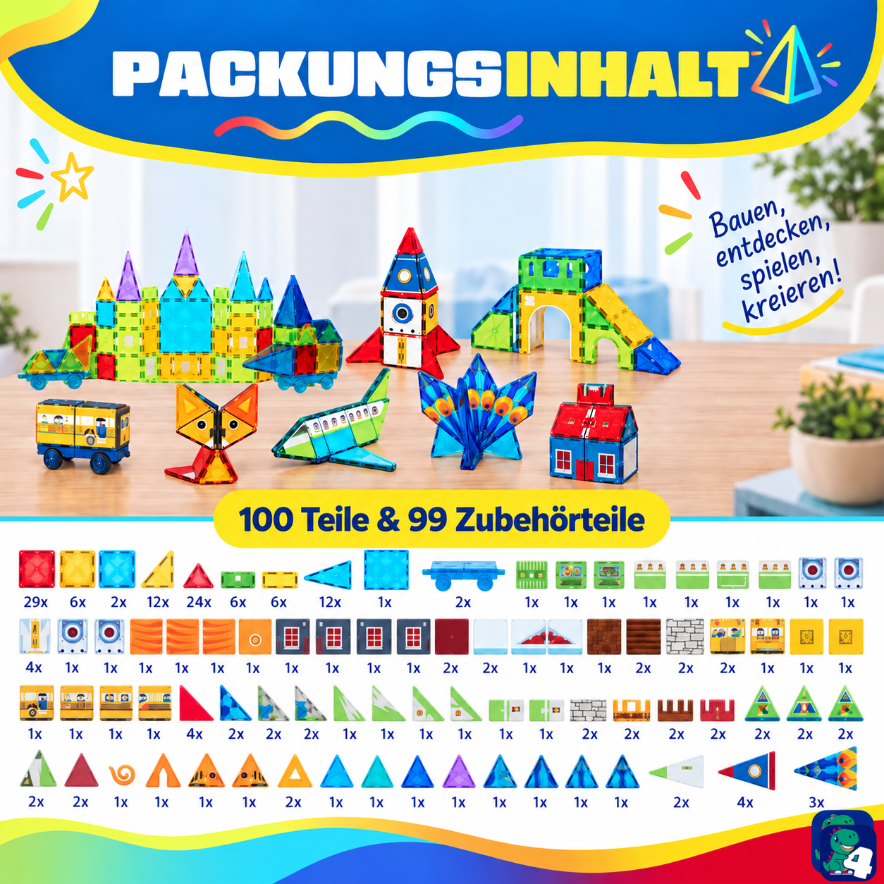 Inhalt der Verpackung: Magnetische Bausteine Kaleidoskopische Kreationen, 100 Teile und 99 Aufkleber