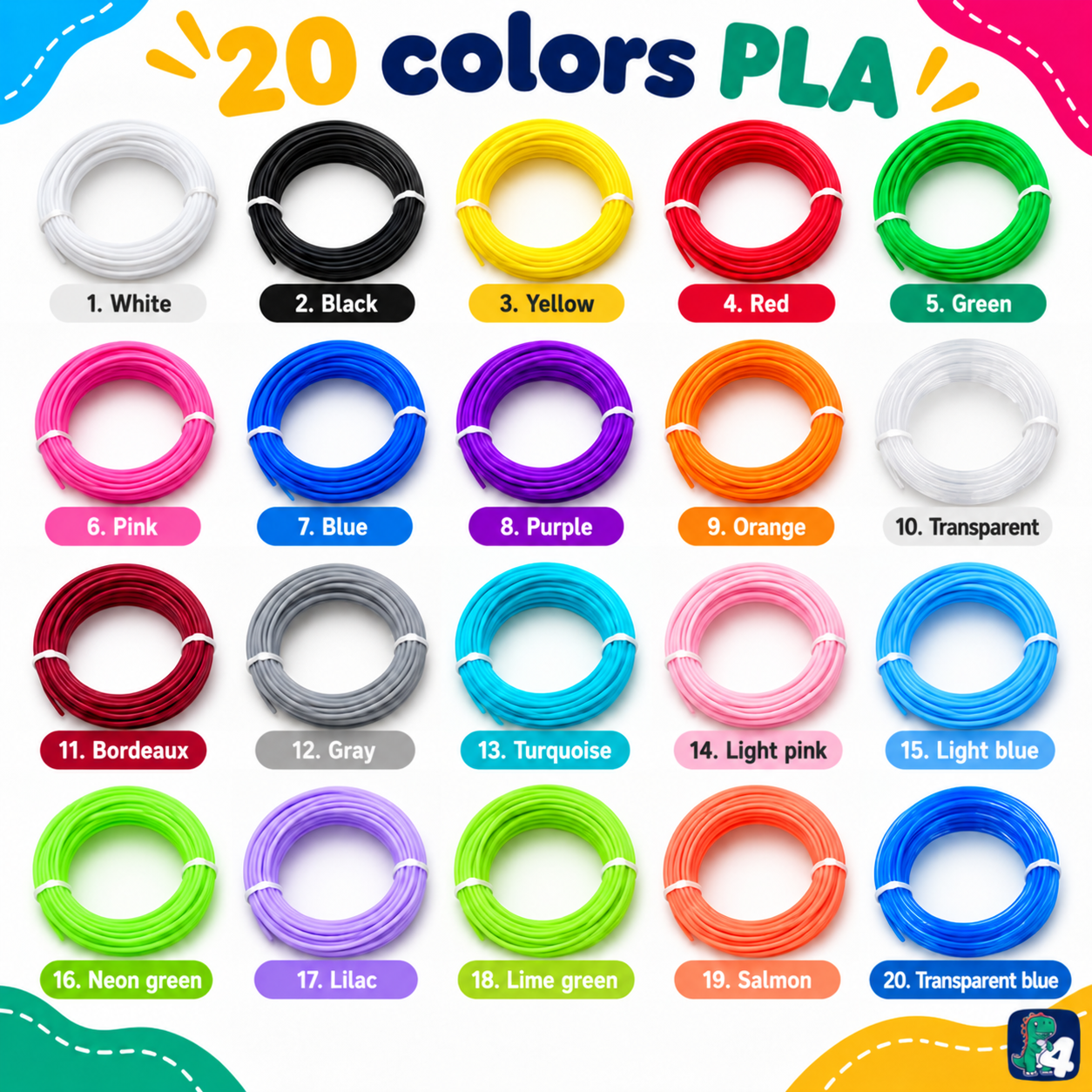 All 20 colours of PLA filament