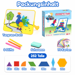Inhalt der Verpackung: Magnetische Bausteine Tangram Taktiker mit Tangram-Brett, 3 Stiften, Schwamm, 70 Karten und 252 Teilen