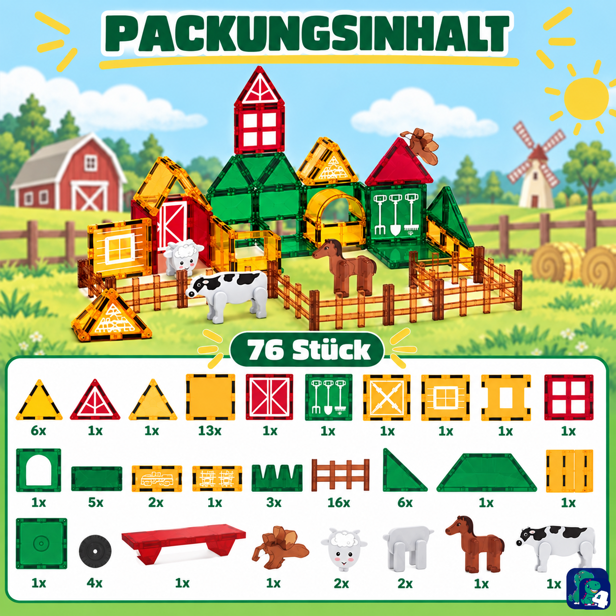 Inhalt der Verpackung: Magnetische Bausteine Bauernhof-Chaos, 76 Teile