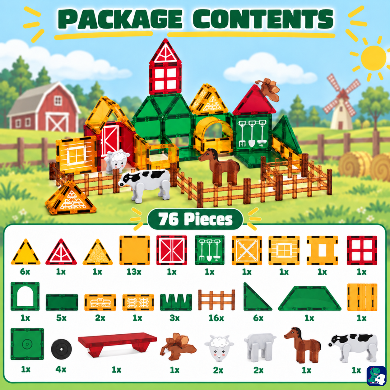 Verpackungsinhalt von Magnetic Tiles Farmyard Frenzy: 76 Teile