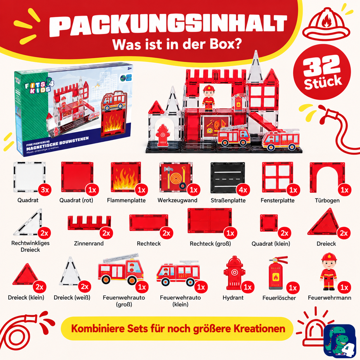 Inhalt der Verpackung: Magnetische Bausteine Feuerwehr, 32 Teile