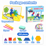 Contenu du pack Magnetic Tiles Tangram Tactician : plateau de tangram, 3 stylos, éponge, 70 cartes et 252 pièces