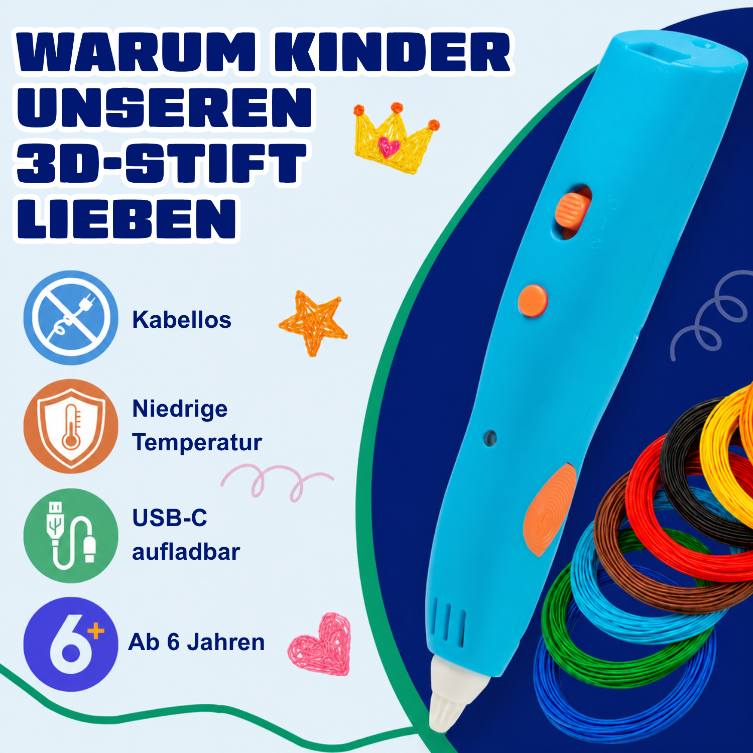Warum Kinder den kabellosen 3D-Stift (blau) lieben: kabellos, niedrige Temperatur, USB-C, ab 6 Jahren