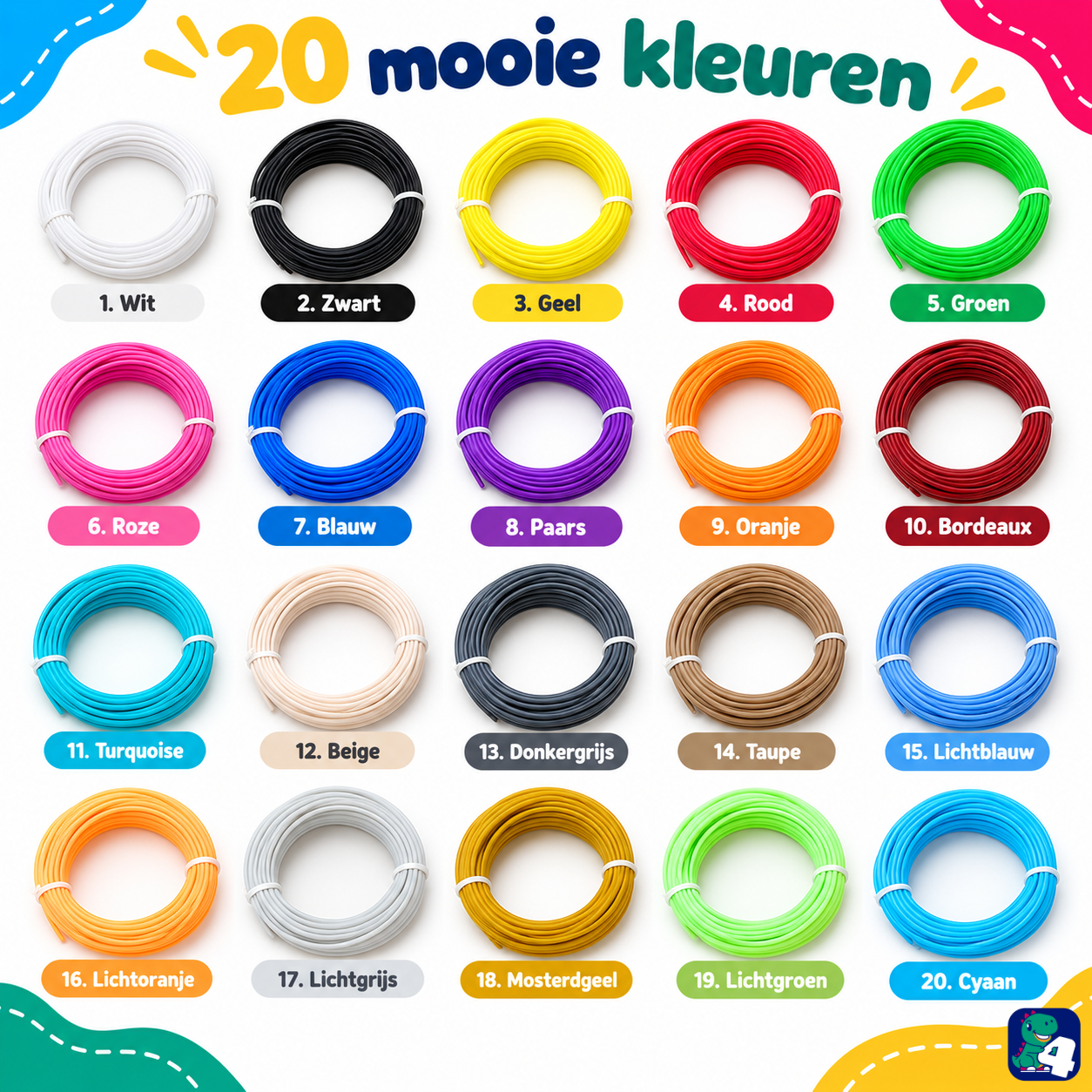 Alle 20 Farben PCL-Filament mit ihren Namen