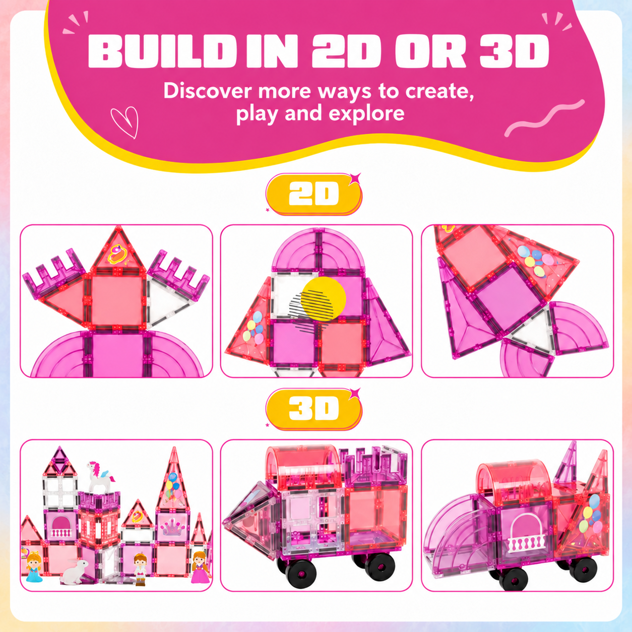 2D- und 3D-Bauideen mit Magnetic Tiles Princess Paradise