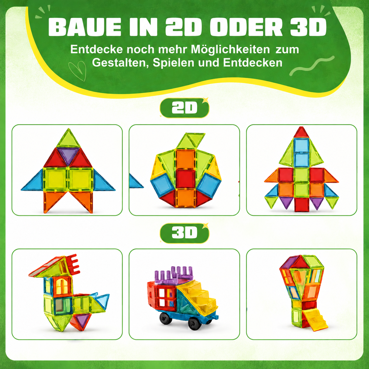 Bauideen in 2D und 3D mit den magnetischen Bausteinen Bauen & Mehr