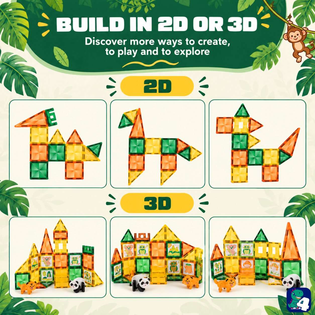 2D- und 3D-Bauideen mit Magnetic Tiles Jungle Journey