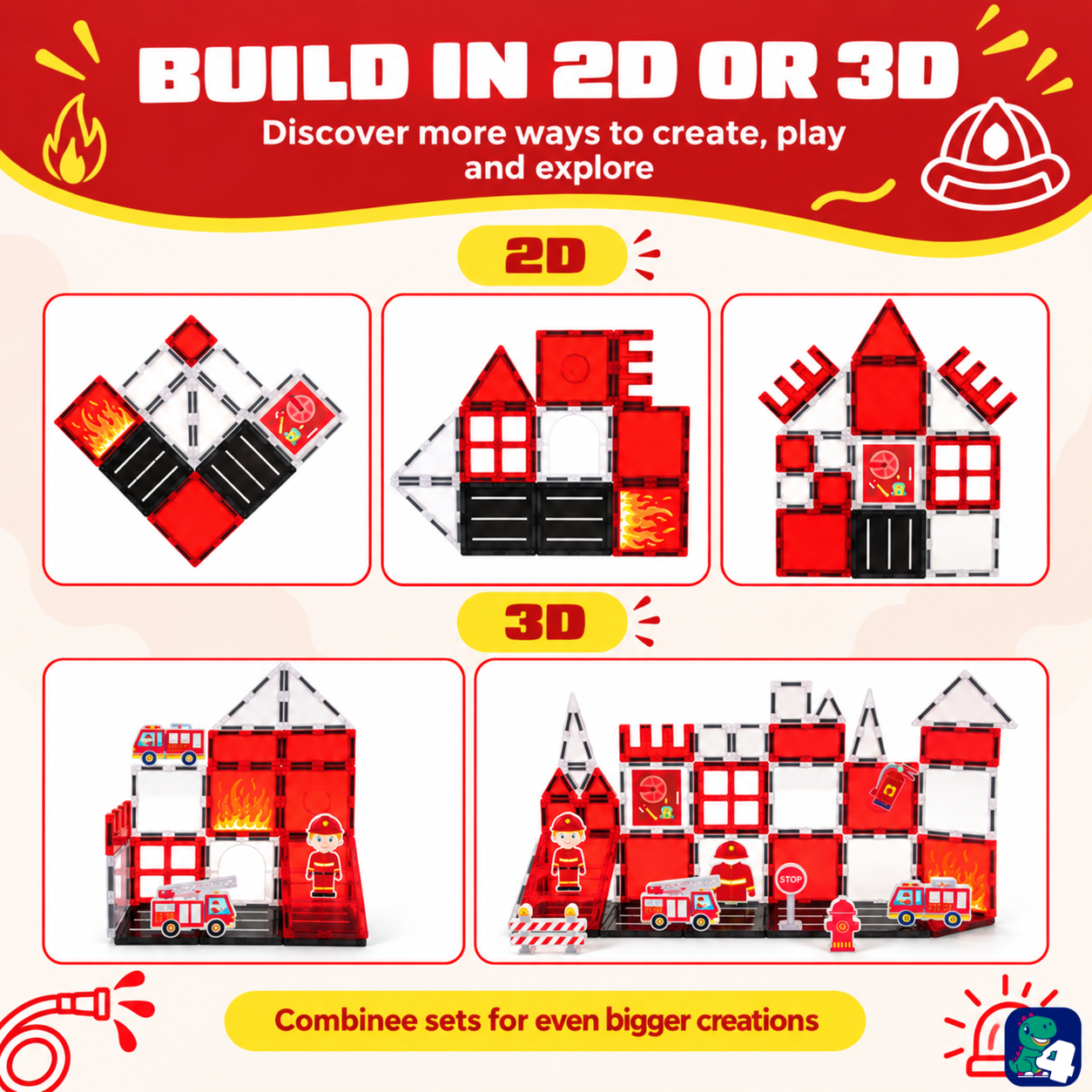 2D- und 3D-Bauideen mit Magnetic Tiles Fire Fighters