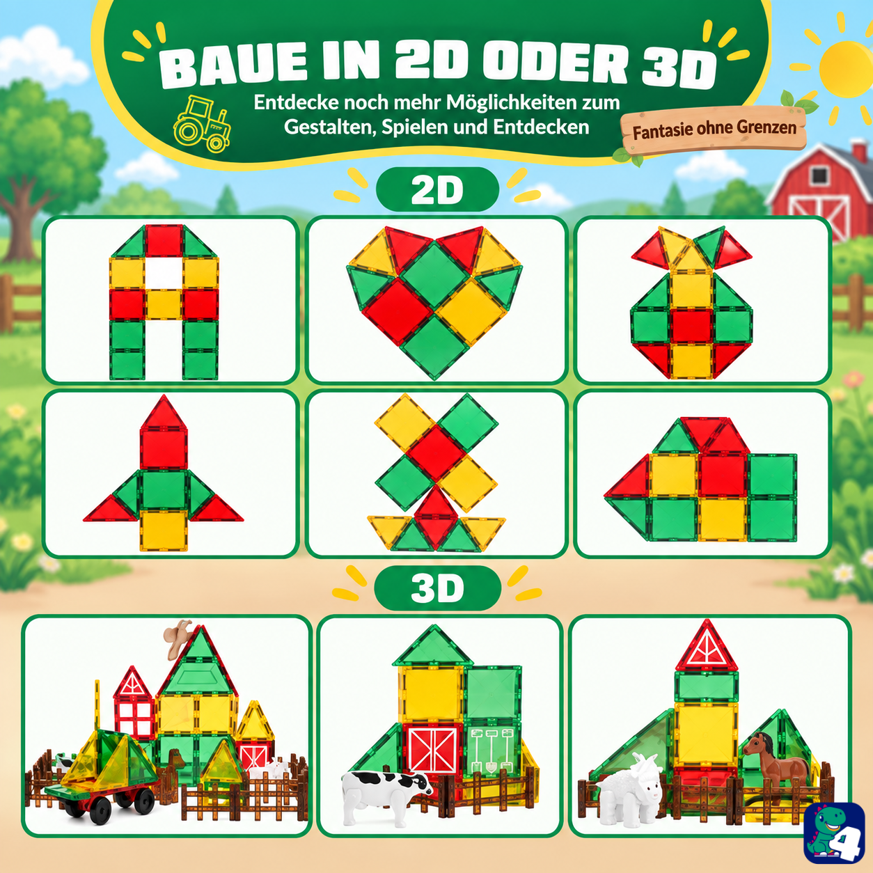 Bauideen in 2D und 3D mit den magnetischen Bausteinen Bauernhof-Chaos