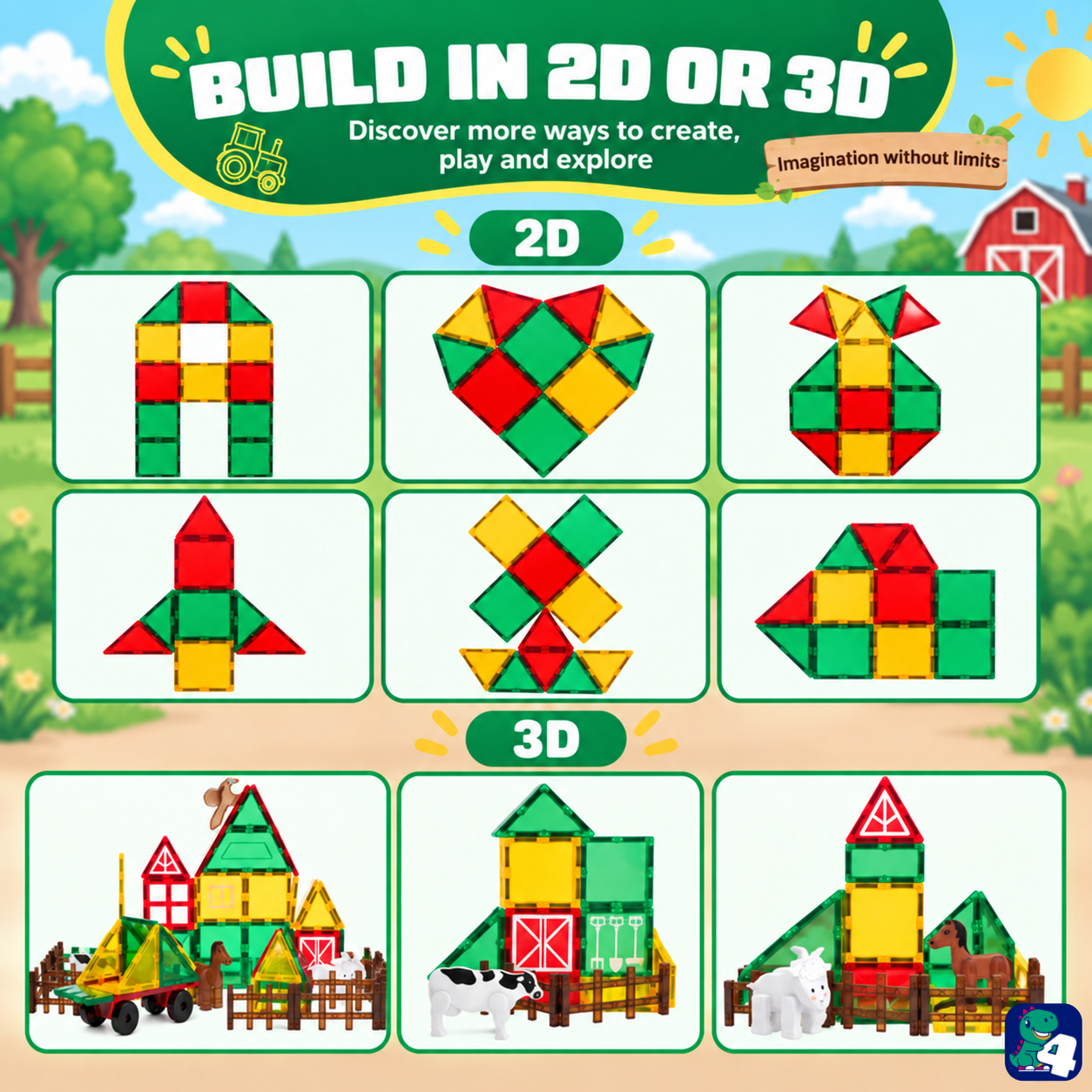 2D- und 3D-Bauideen mit Magnetic Tiles Farmyard Frenzy