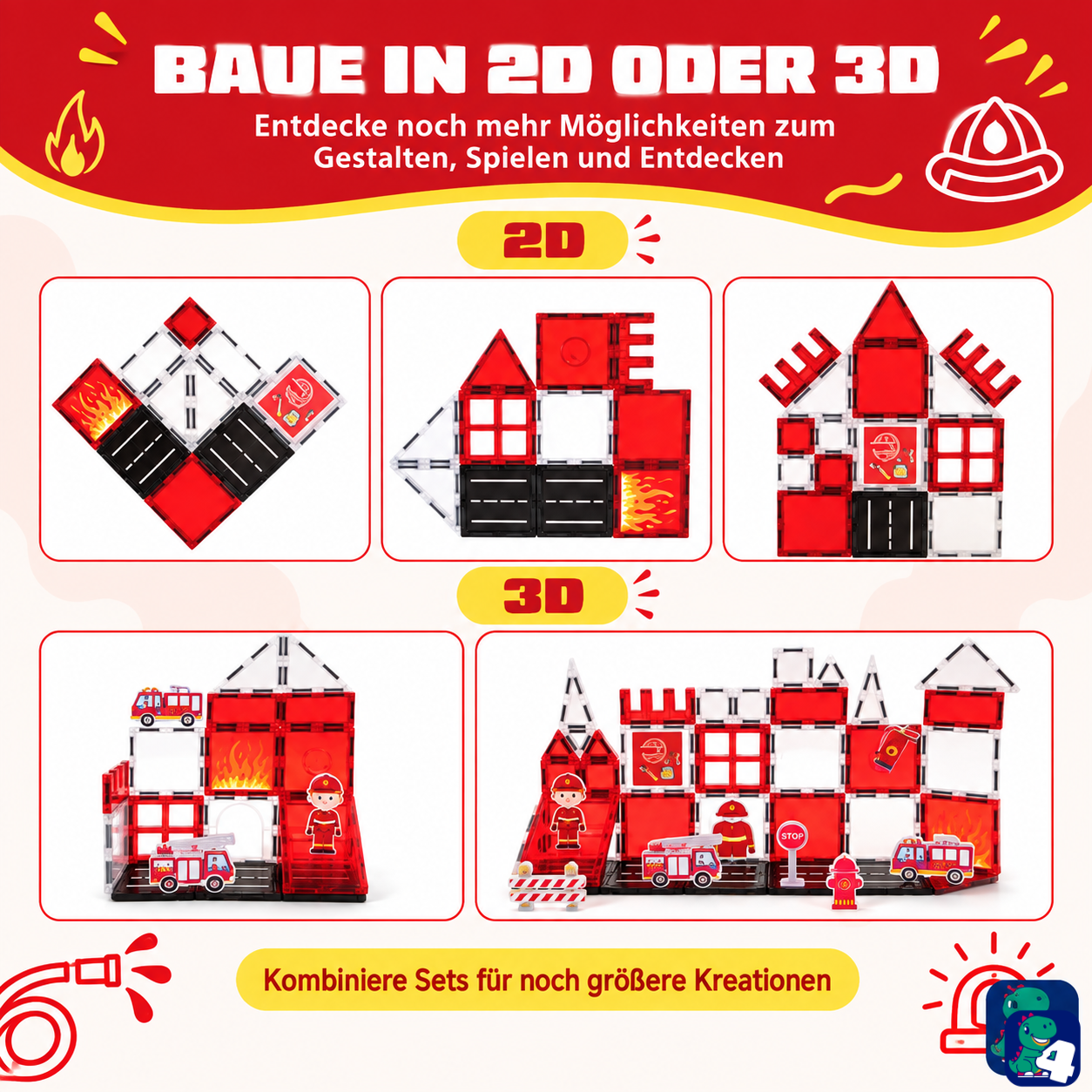 Bauideen in 2D und 3D mit den magnetischen Bausteinen Feuerwehr