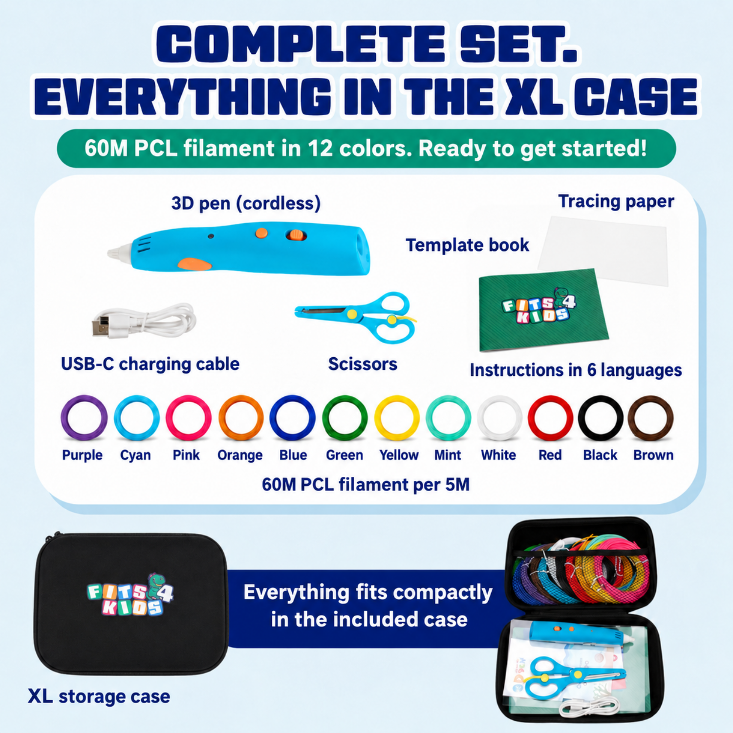 Complete set: contents of the Wireless 3D Pen Starter Kit (blue) in the XL case