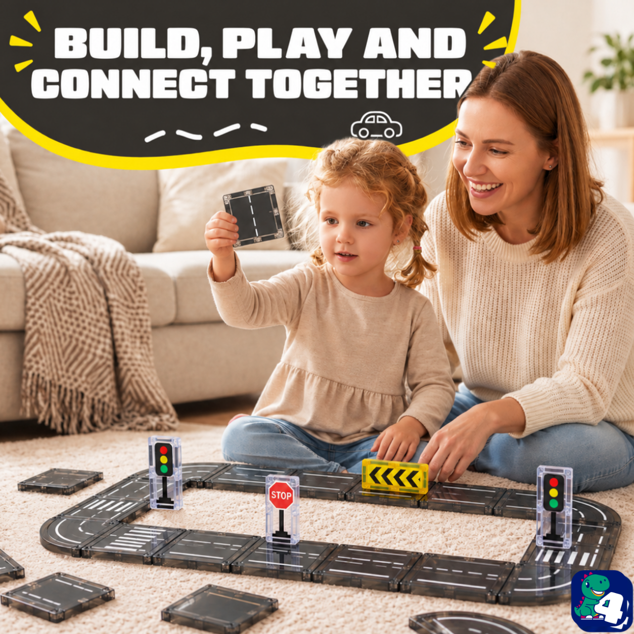 Elternteil und Kind bauen gemeinsam mit Magnetic Tiles Road Trip Rally