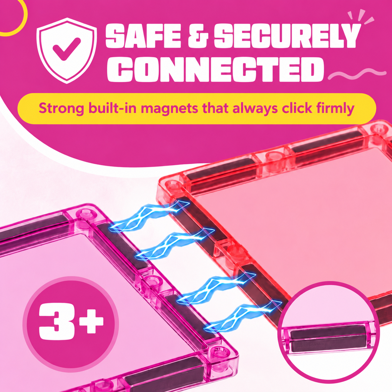 Starke eingebaute Magnete klicken die Teile von Magnetic Tiles Princess Paradise fest zusammen, ab 3 Jahren