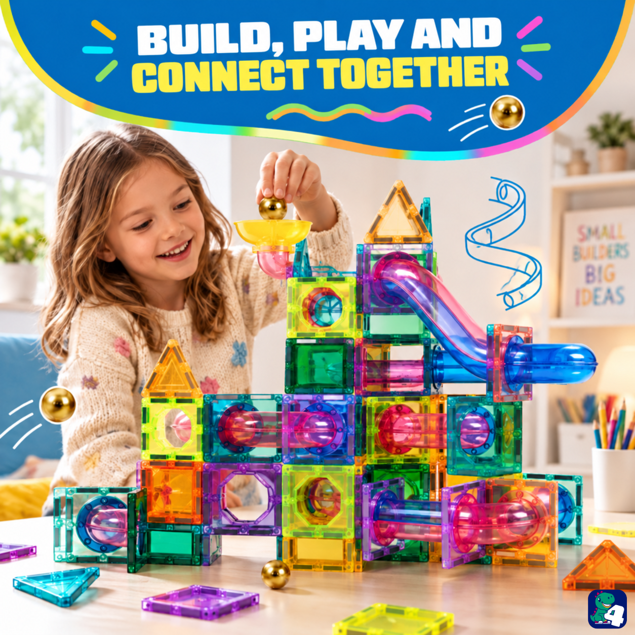 Elternteil und Kind bauen gemeinsam mit Magnetic Tiles Marble Adventure