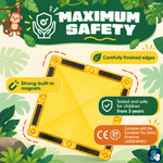 Sicherheit von Magnetic Tiles Jungle Journey: eingeschlossene Magnete, abgerundete Ecken und CE-Kennzeichnung