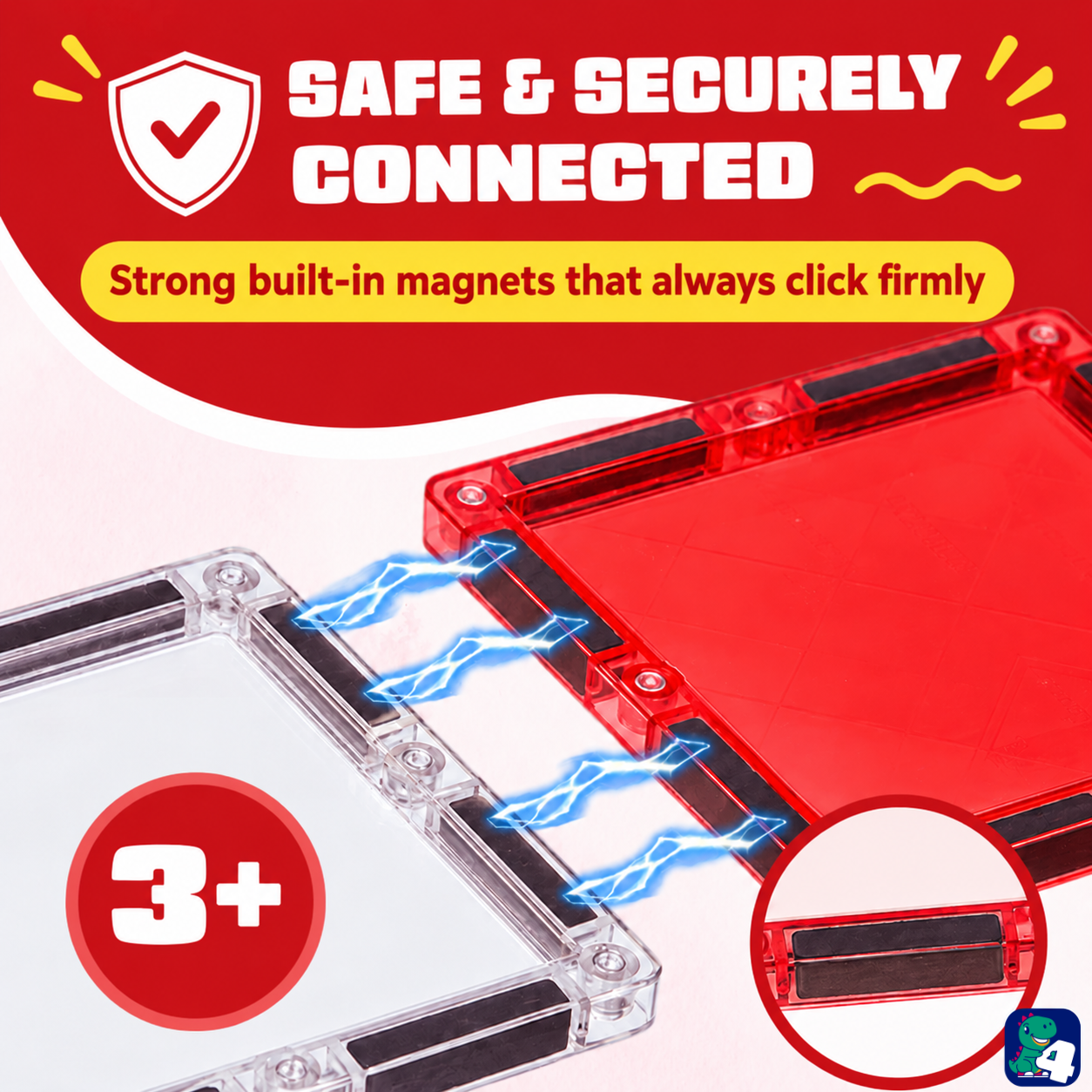 Starke eingebaute Magnete lassen die Magnetic Tiles Fire Fighters Teile fest zusammenklicken, ab 3 Jahren