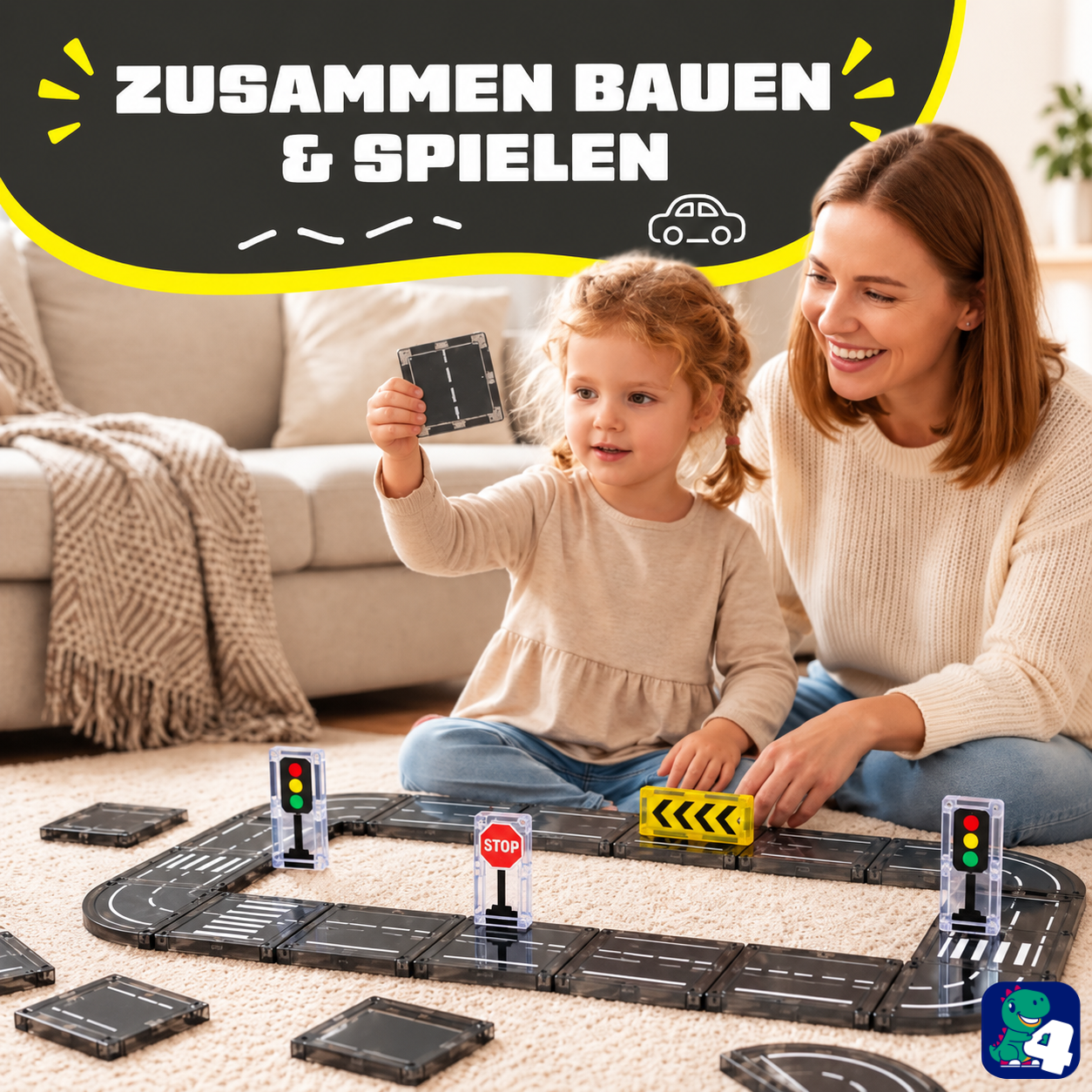 Eltern und Kind bauen gemeinsam mit den magnetischen Bausteinen Road Trip Rally