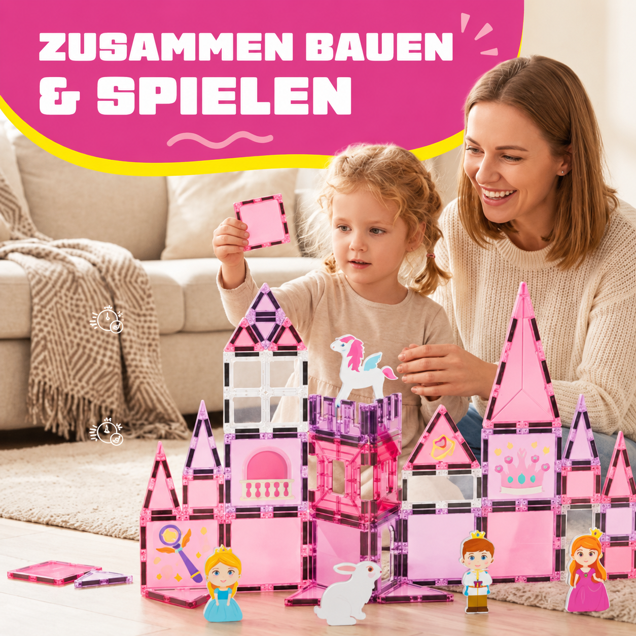Eltern und Kind bauen gemeinsam mit den magnetischen Bausteinen Prinzessinnenparadies