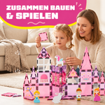 Eltern und Kind bauen gemeinsam mit den magnetischen Bausteinen Prinzessinnenparadies