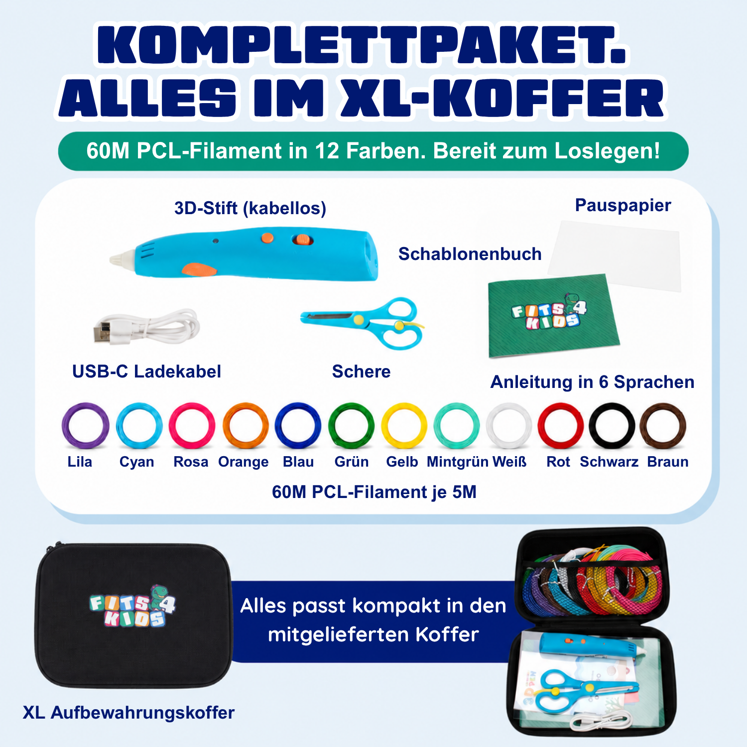 Komplettpaket: Inhalt des 3D-Stift Starterset Kabellos (blau) im XL-Koffer
